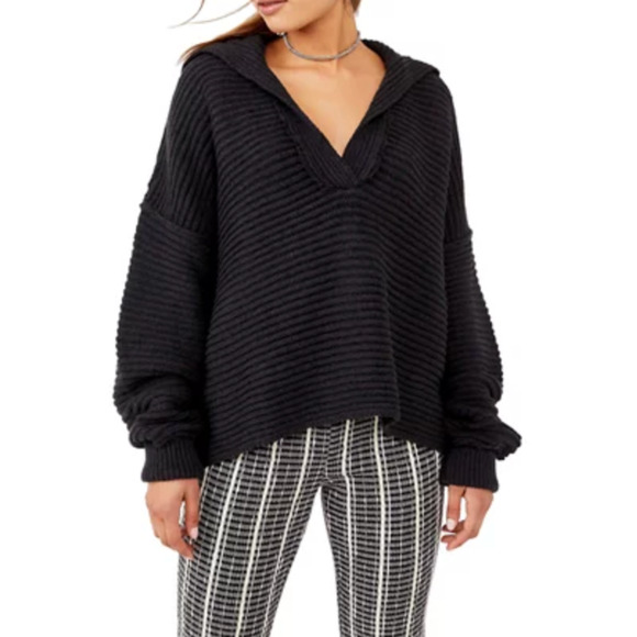 Free People Marlie Textured V Neck Sweater S Small Black Rib Slouchy Oversized - Picture 1 of 14